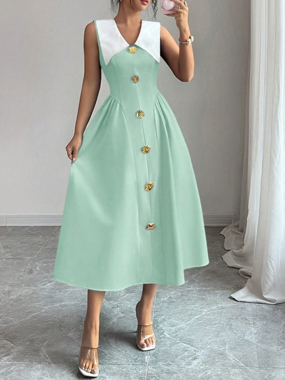 Luxe Solid Button Detail Wide Collar Flared High Waisted Dress - Picture 2 of 11